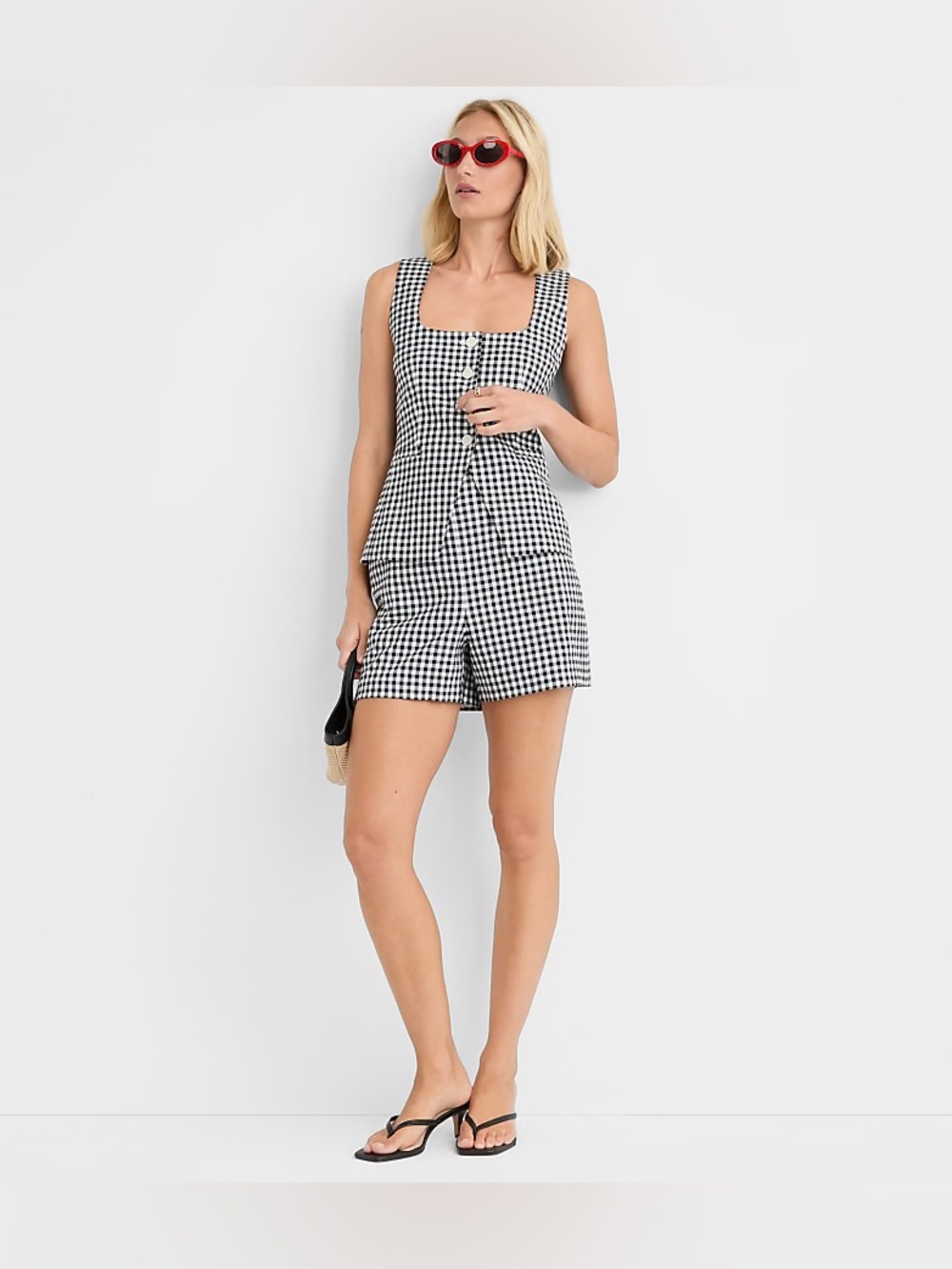 LOFT Gingham Cutaway Pocket Vest & Darted Side Zip Short Set